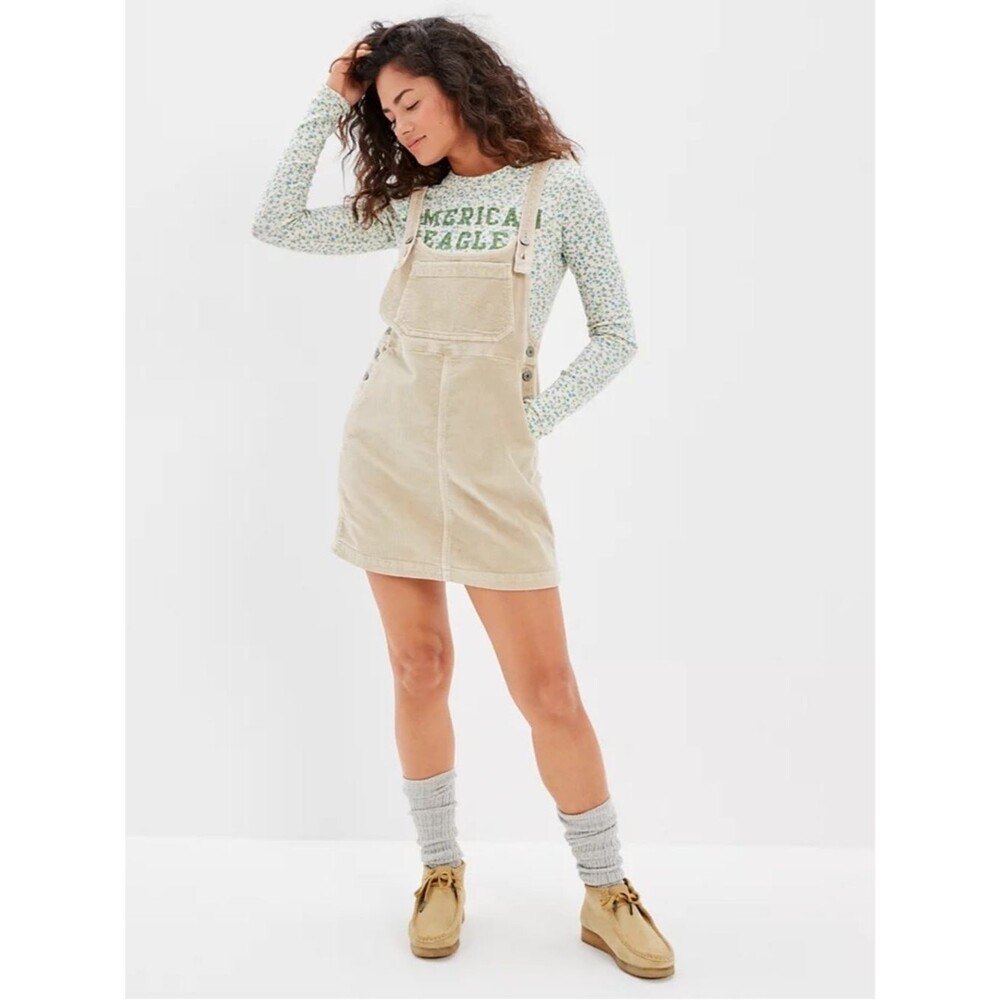 American Eagle Corduroy Overall Dress Jumper Mini Beige Size XS